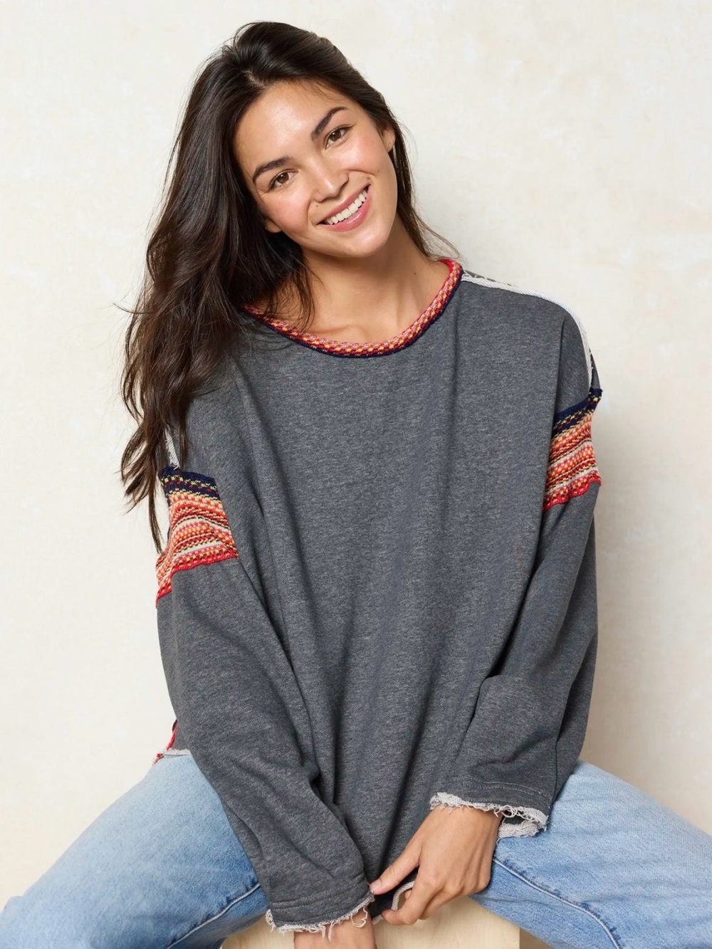Natural Life Oversized Boxy Grey Knit Trim Raw Hem Cottagecore Sweatshirt Size M